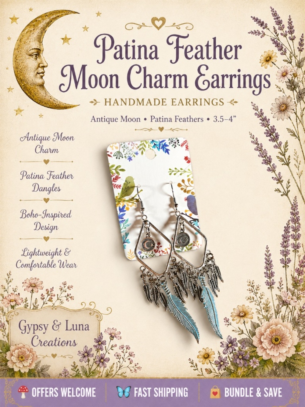 Handmade Patina Feather Earrings Antique Moon Charm Boho Celestial 3.5 4”
